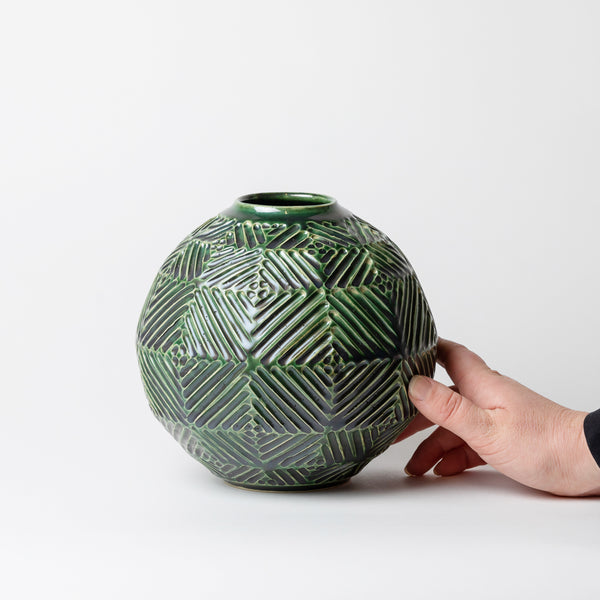 Terunobu Hirata — Small Carved Vase in Oribe Green