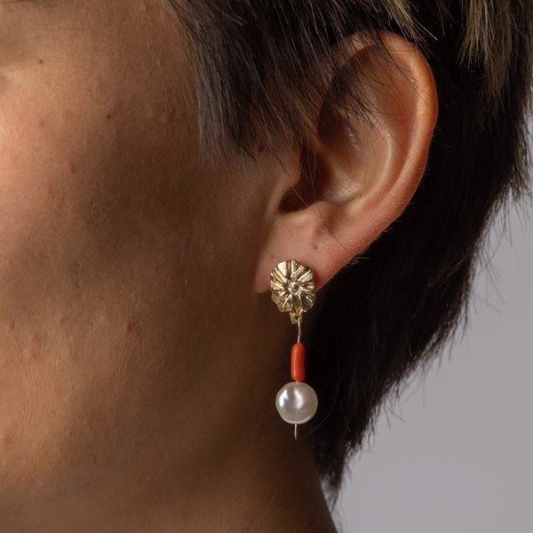 Juan Castro — 'Relicario III' Earrings in 9ct Gold with Pearl and Red Charms