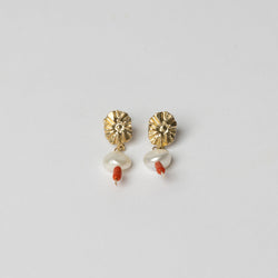 Juan Castro —' 'Relicario II' Earrings in 9ct Gold with Pearl and Red Charms