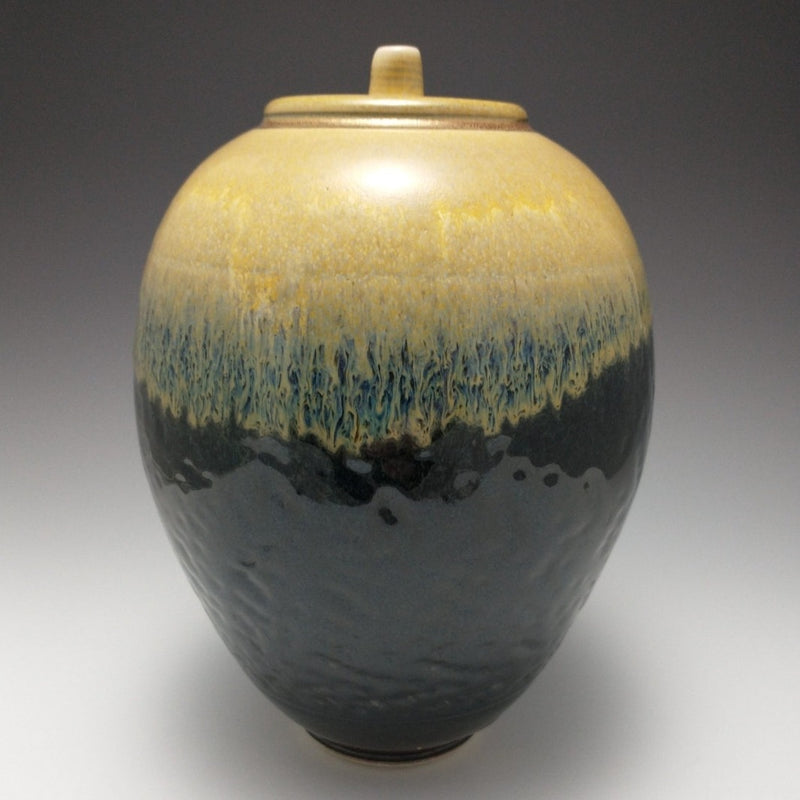 Timothy White — Lidded Vessel with Oatmeal and Navy Glaze and Gold Lustre
