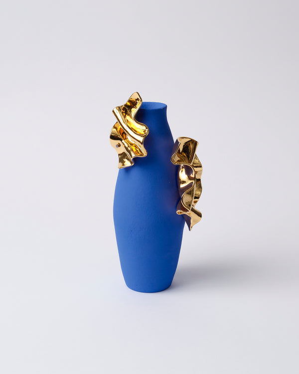 Jessica Sellinger— 'Gold Wave Draped Blue', Sculptural Vase