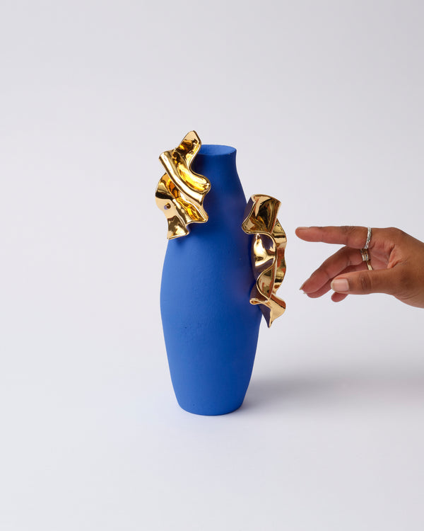 Jessica Sellinger— 'Gold Wave Draped Blue', Sculptural Vase