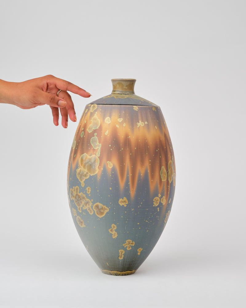 Ted Secombe — Large Crystalline Glaze Pot, in Orange & Blue