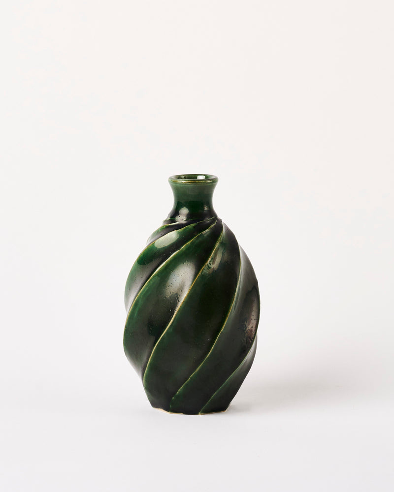 Terunobu Hirata —  Large Faceted Oribe Green Sake Bottle