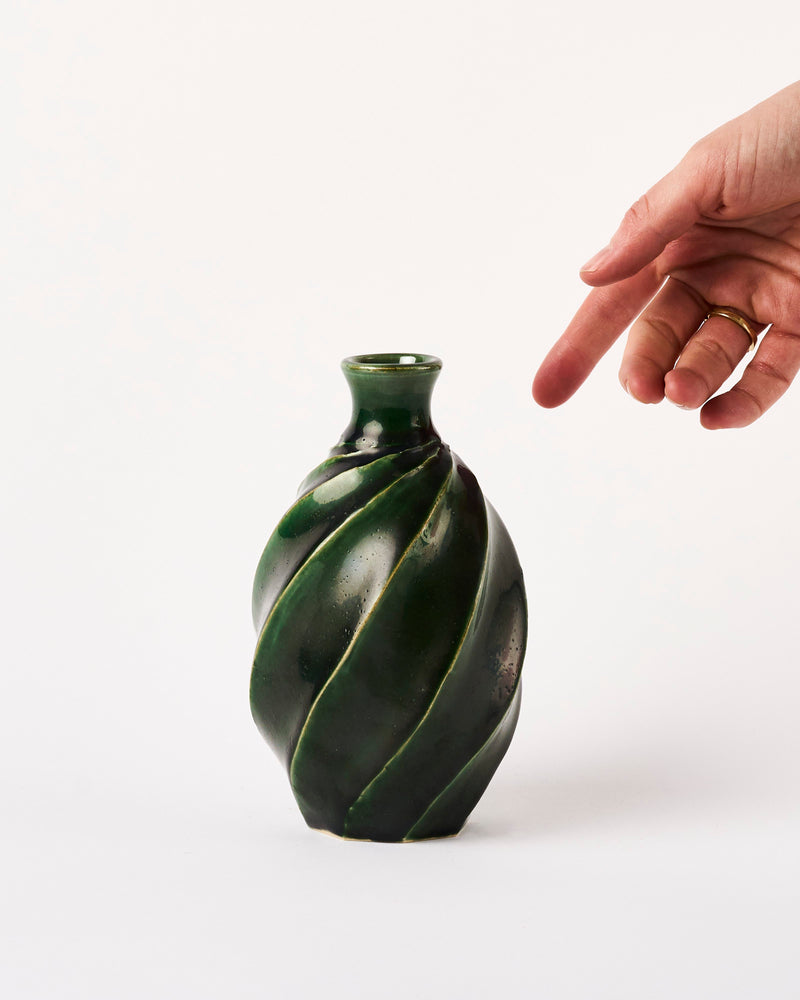 Terunobu Hirata —  Large Faceted Oribe Green Sake Bottle