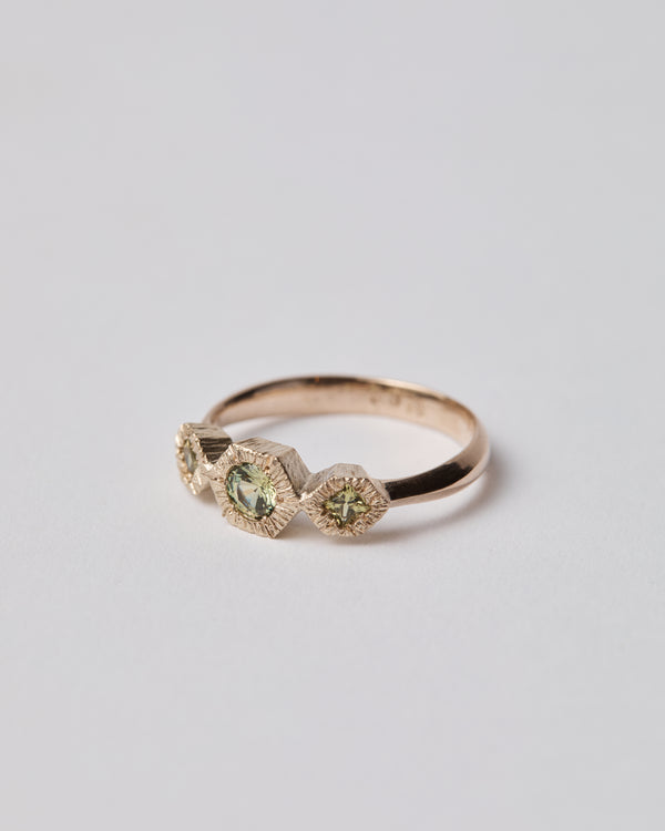 Abby Seymour — 'Theia Ring' in 9kt Gold with Green Sapphires