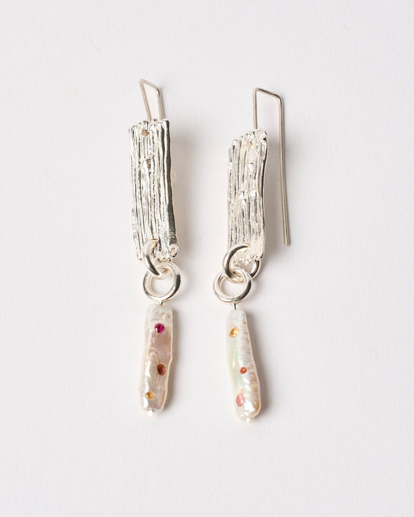 Sophie Quinn  — 'Long Pearl Confetti' Earrings in Sterling Silver with Tourmalines