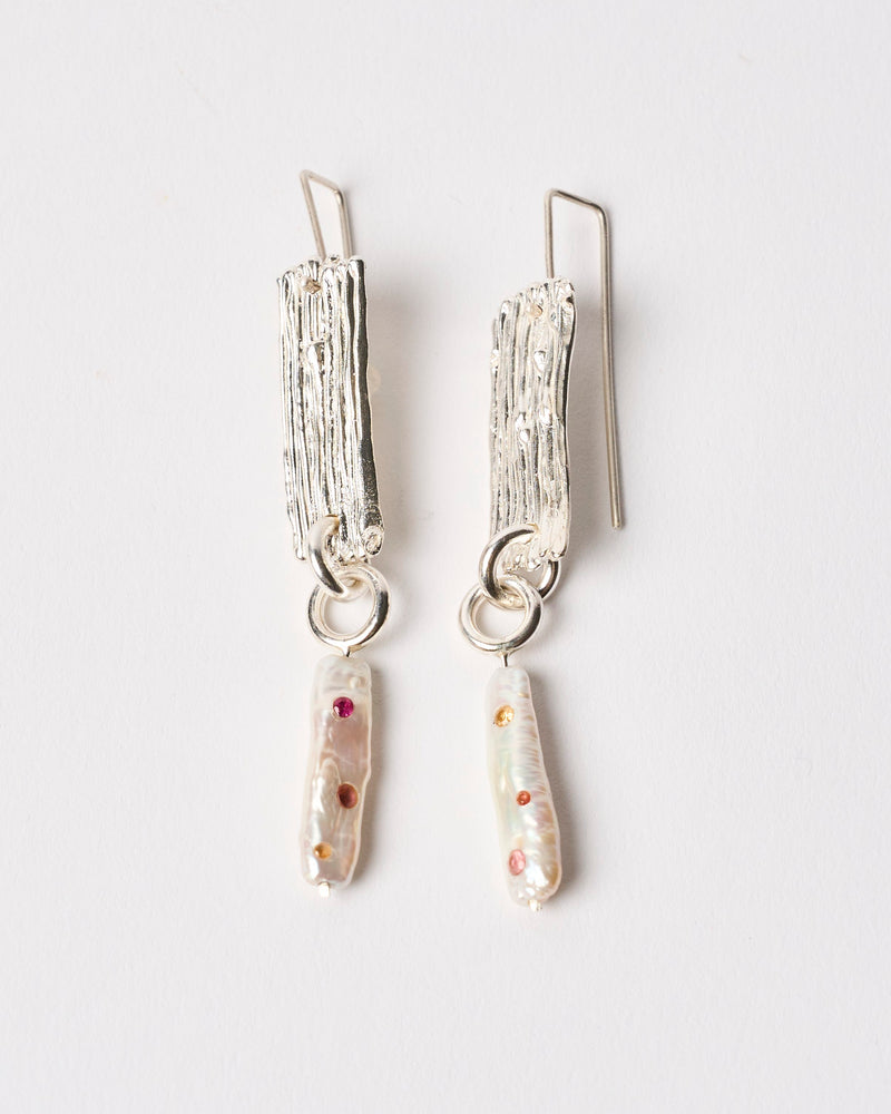 Sophie Quinn  — 'Long Pearl Confetti' Earrings in Sterling Silver with Tourmalines