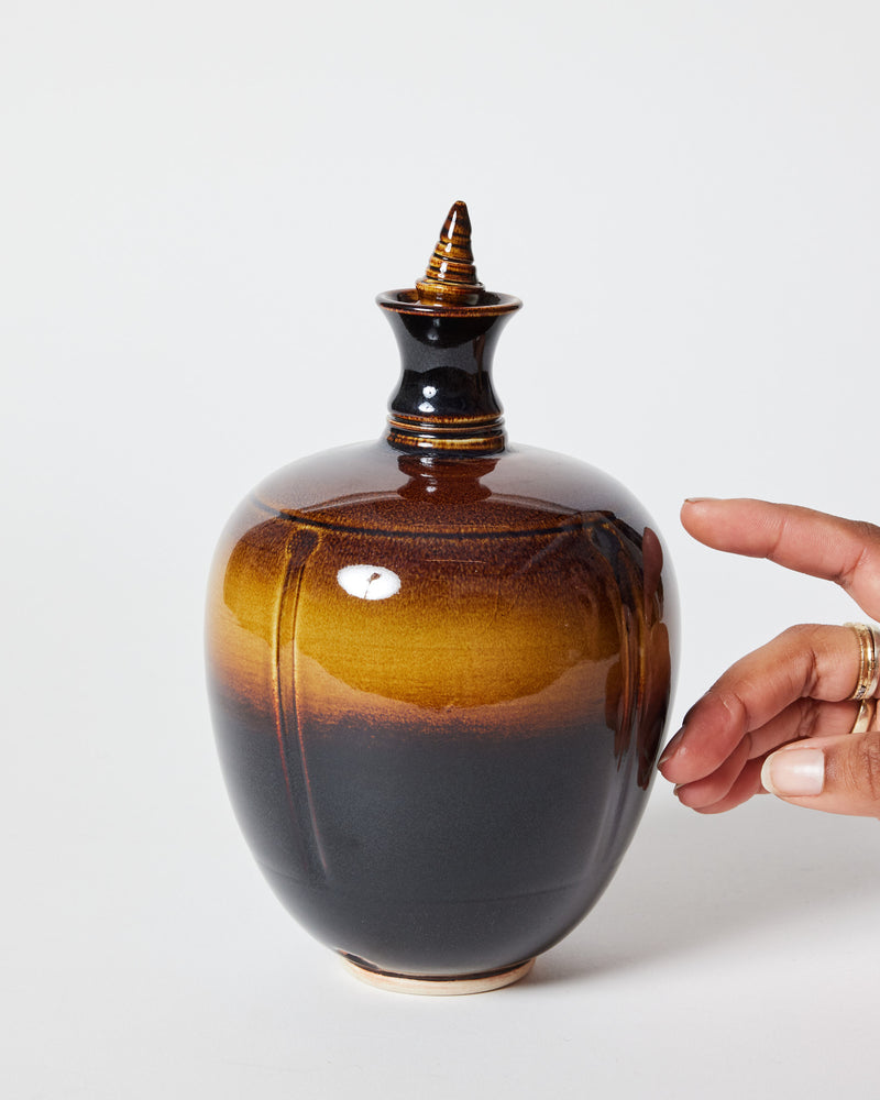Timothy White — 'Sculptural Vessel with Lid' in Brown & Gold Lustre