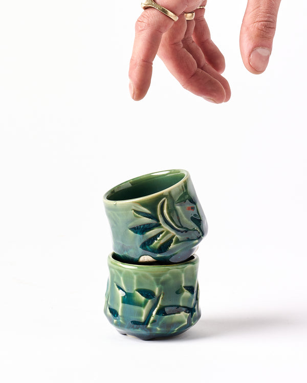 Terunobu Hirata — Etched Sake Cup in Oribe Green