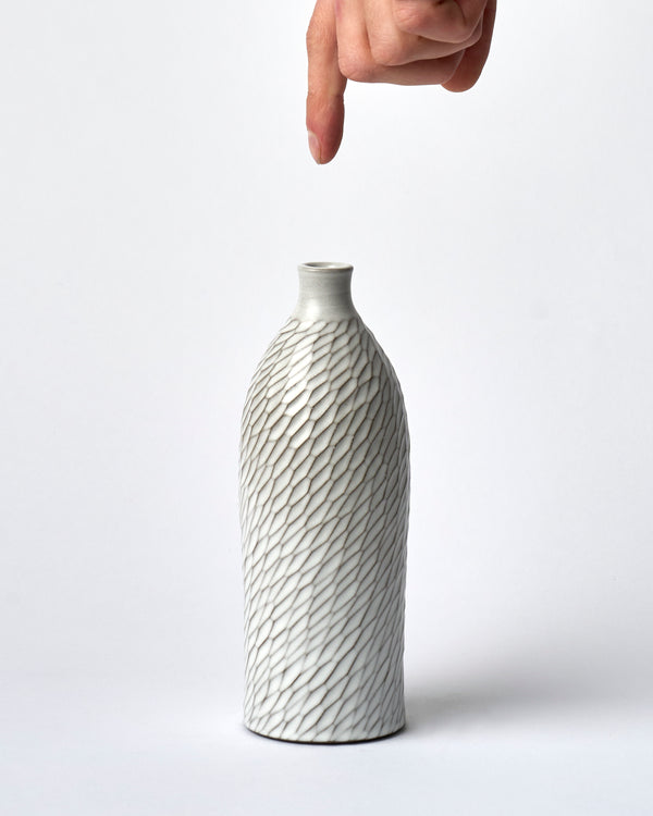Asahi So —  Large Carved Budvase in Misty White #3