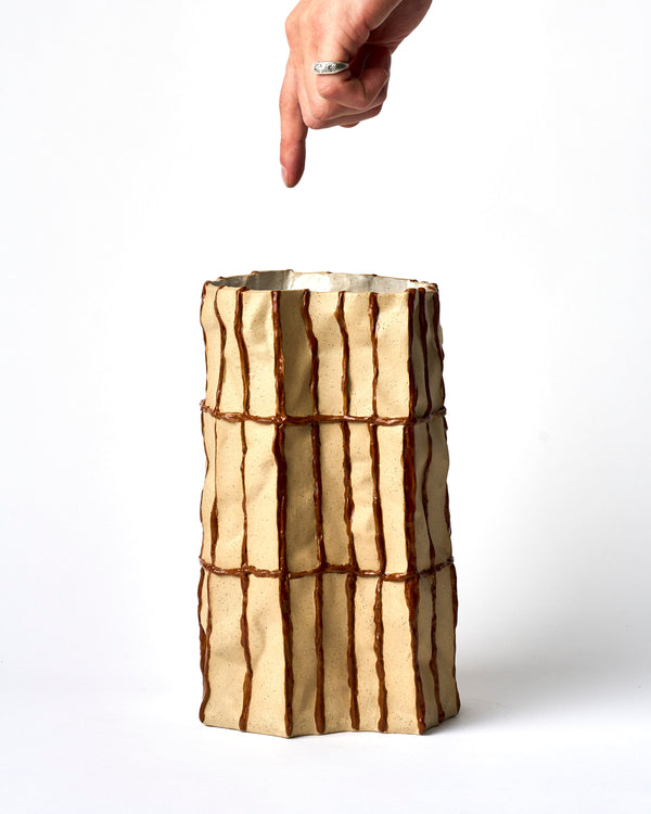 Lucy Tolan — Tall Tile Vessel in Biscuit with Brown Seams