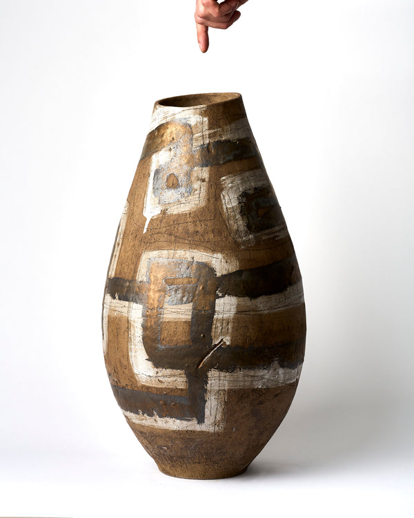 Marian Fox — 'Bronze And White Lines' Large Sculptural Vessel