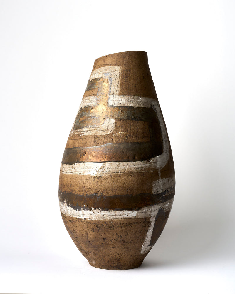 Marian Fox — 'Bronze And White Lines' Large Sculptural Vessel