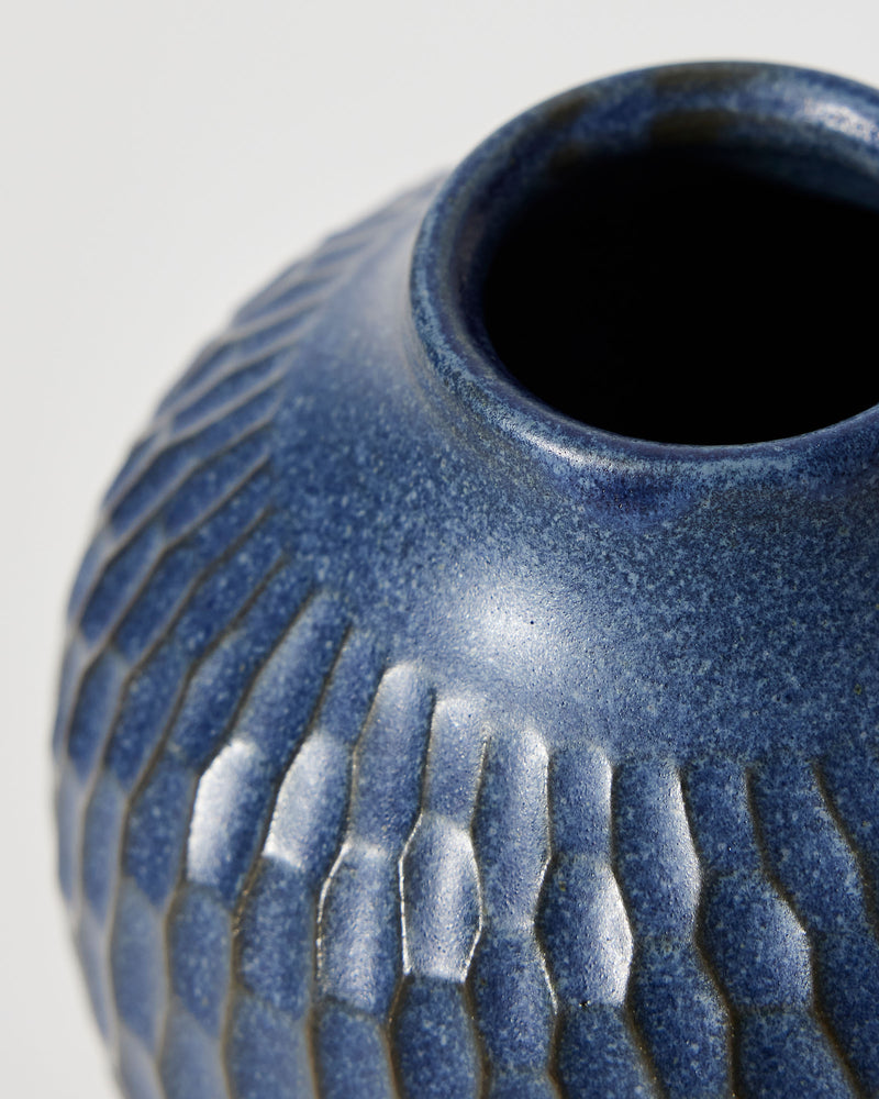 Asahi So —  Large Carved Bud Vase in Cobalt Blue