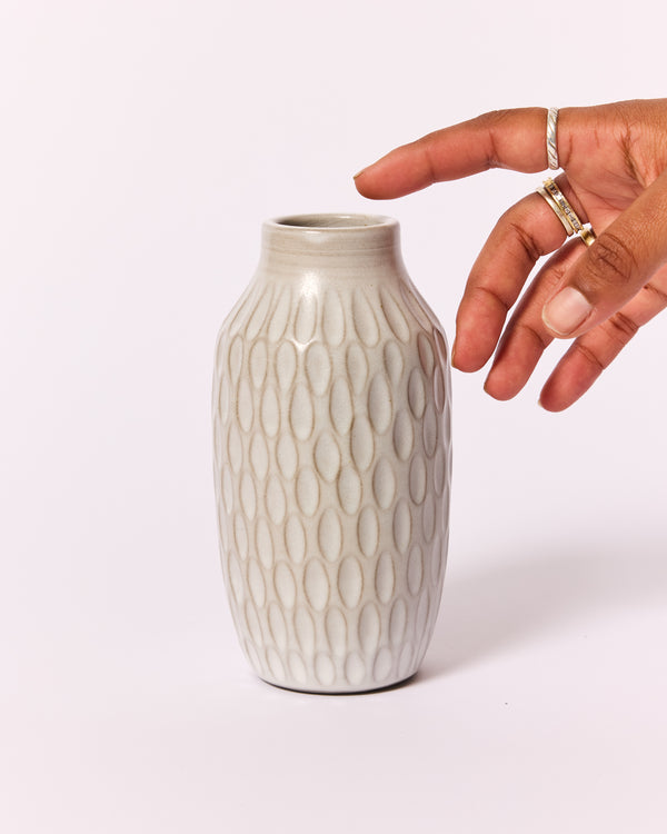 Asahi So —  Medium Carved Budvase in Misty White