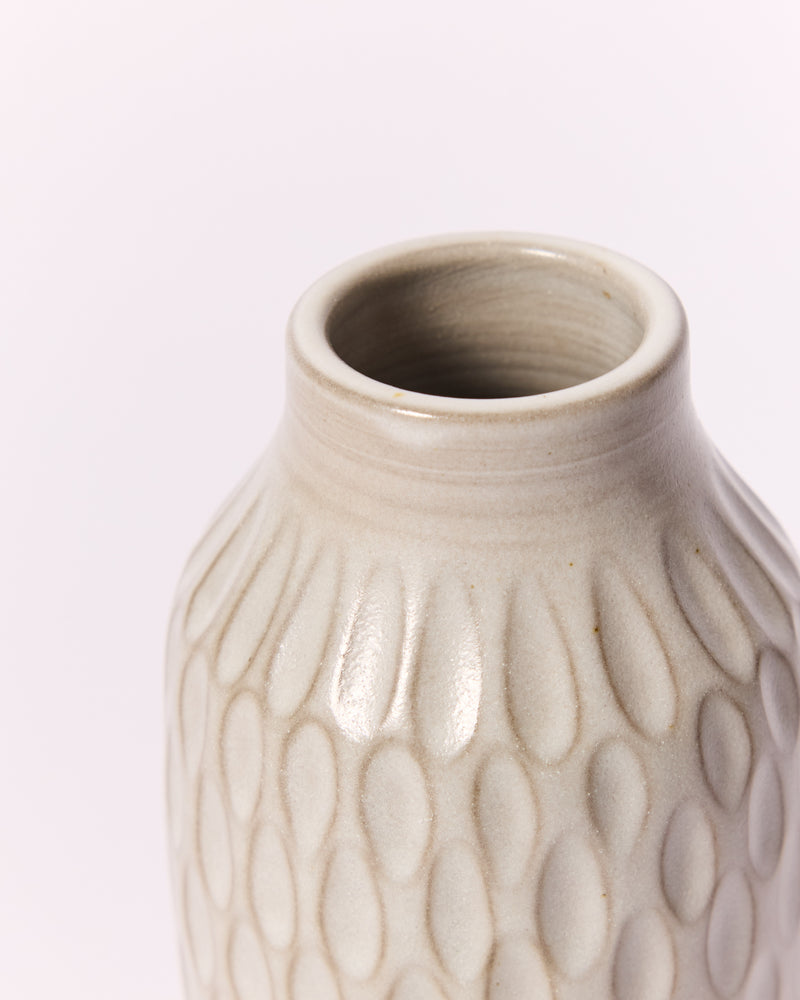 Asahi So —  Medium Carved Budvase in Misty White