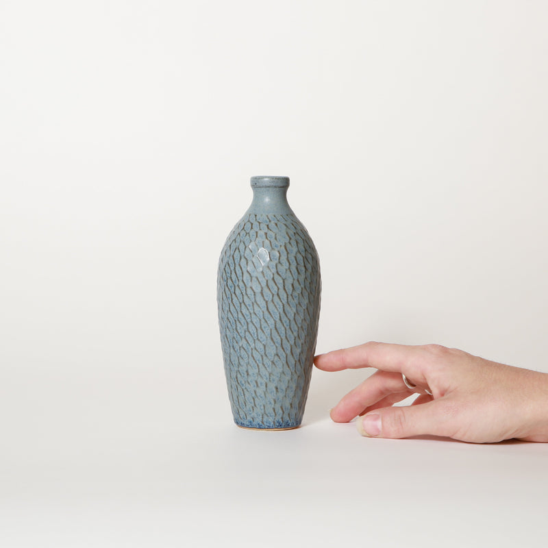 Asahi So —  Narrow Carved Bud Vase in Antique Blue