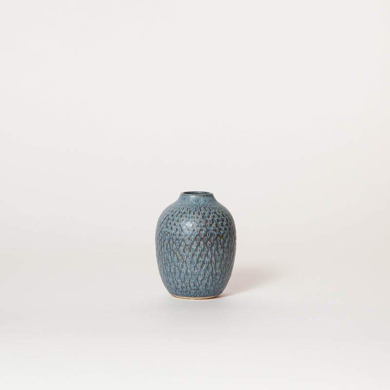 Asahi So —  Small Carved Bud Vase in Antique Blue