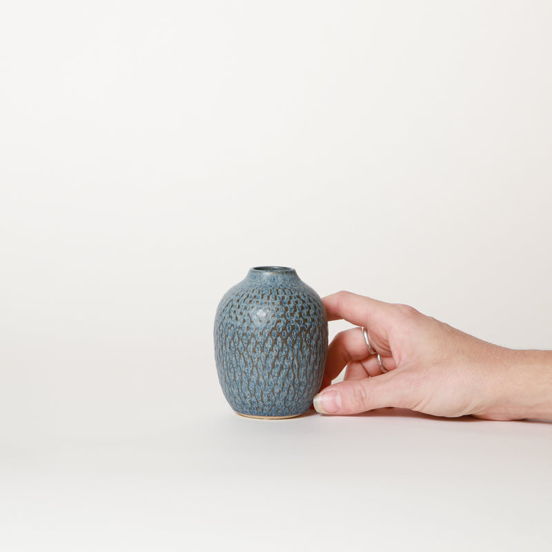 Asahi So —  Small Carved Bud Vase in Antique Blue