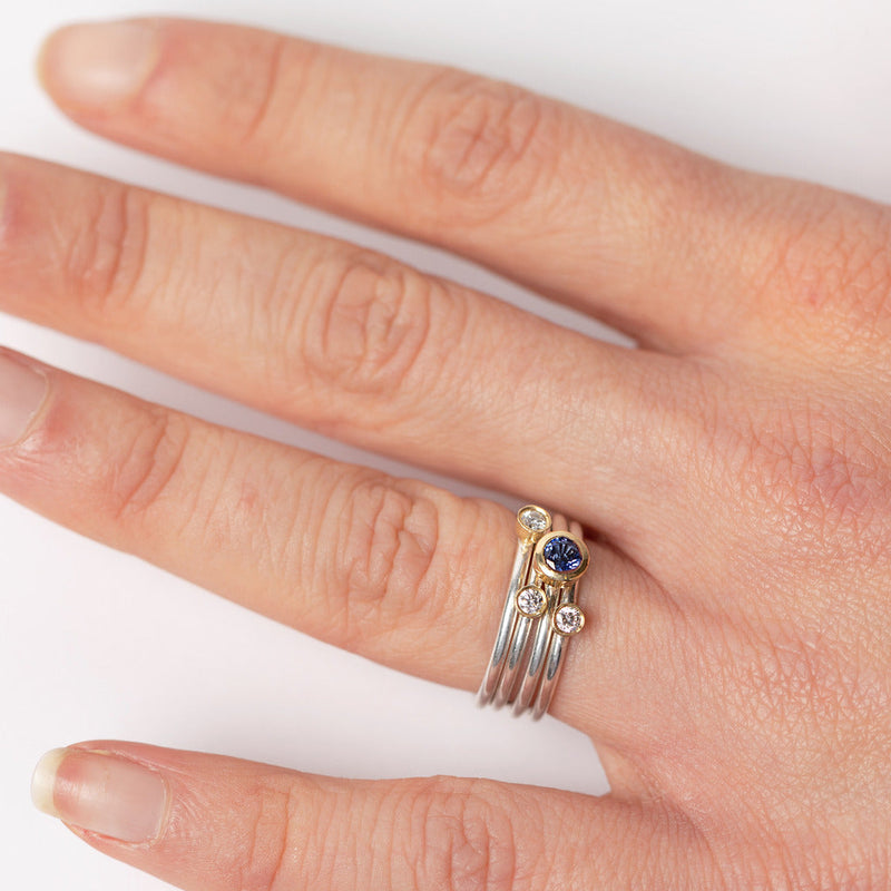 Shimara Carlow— Ring Stack with Sapphire and Diamonds in Sterling Silver