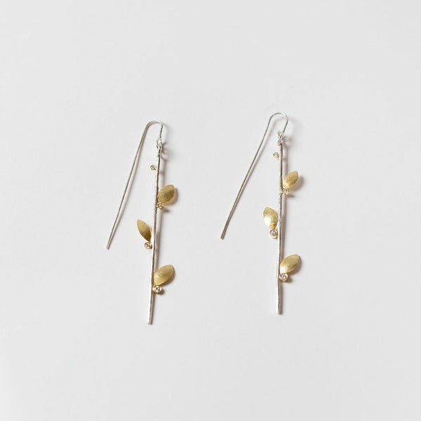 Shimara Carlow— Leaf Earrings in Sterling Silver with 18ct Gold and White Diamond