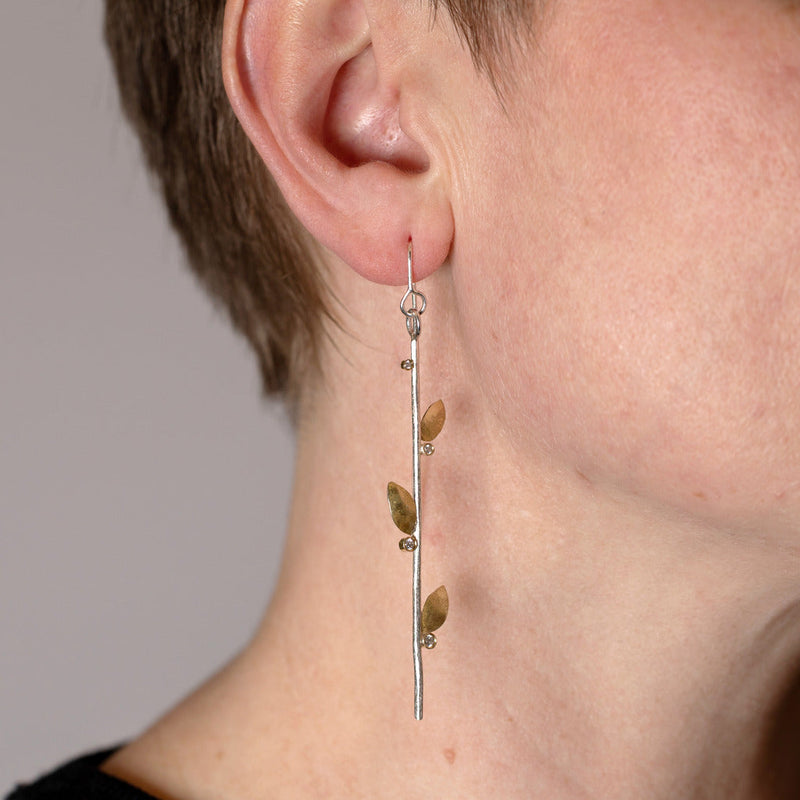 Shimara Carlow— Leaf Earrings in Sterling Silver with 18ct Gold and White Diamond