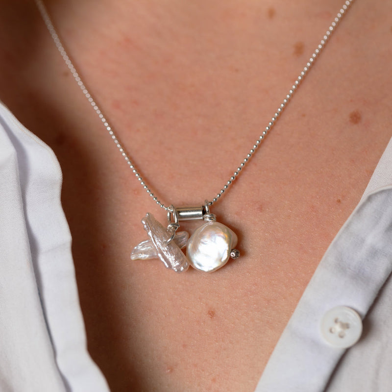Mary Odorcic —  Ball Chain Charm Necklace with Keshi Pearls