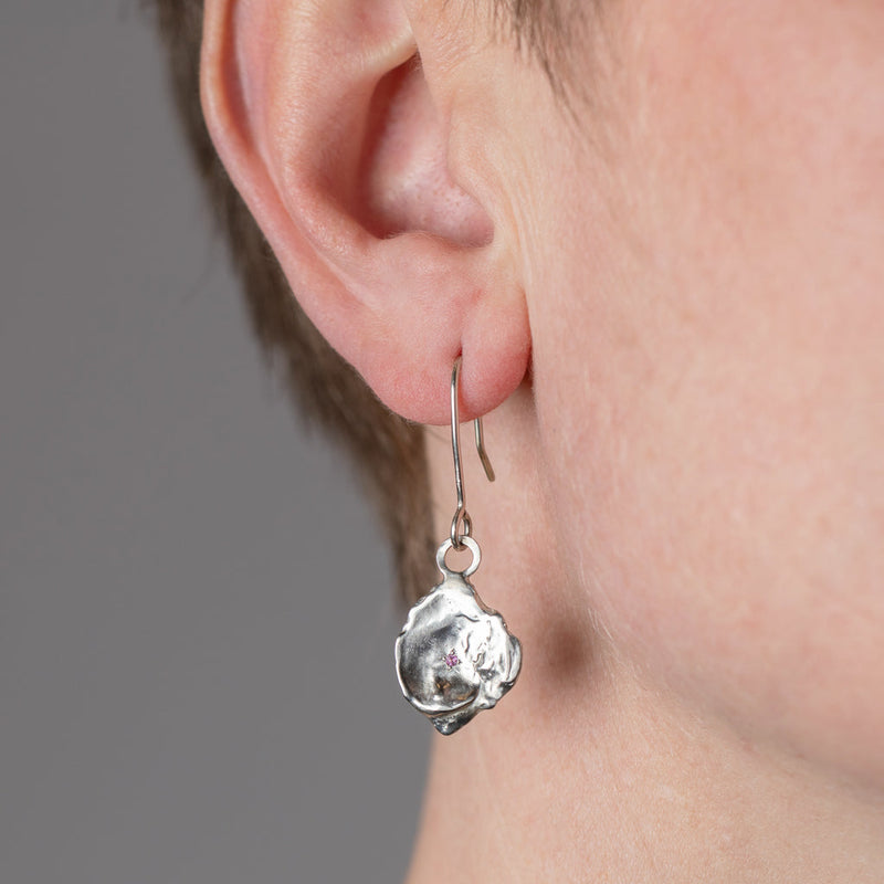 Mary Odorcic — Large Sterling Silver 'Keshi' Hook Earrings with 1mm Pink Sapphires
