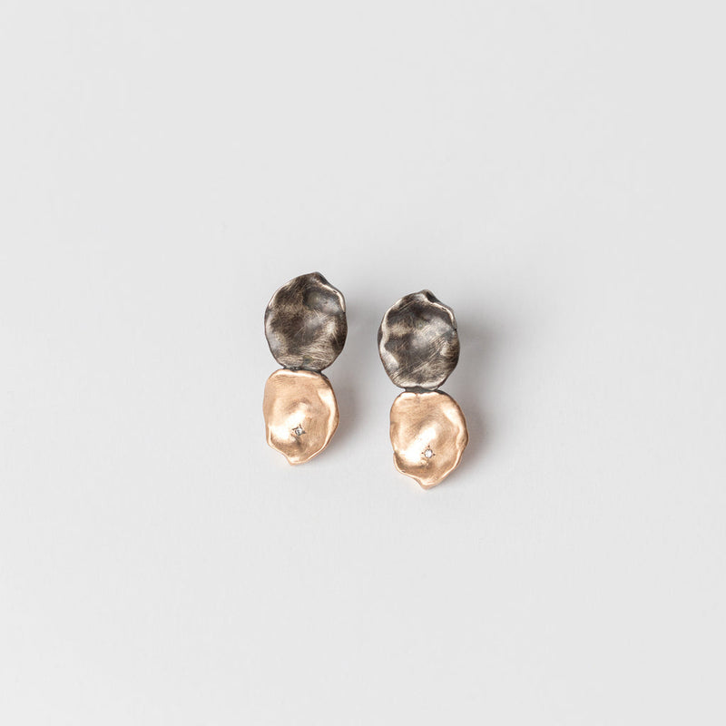Mary Odorcic —Oxidised Sterling Silver and 9ct Rose Gold Double 'Keshi' Stud Earrings with 1mm Diamonds