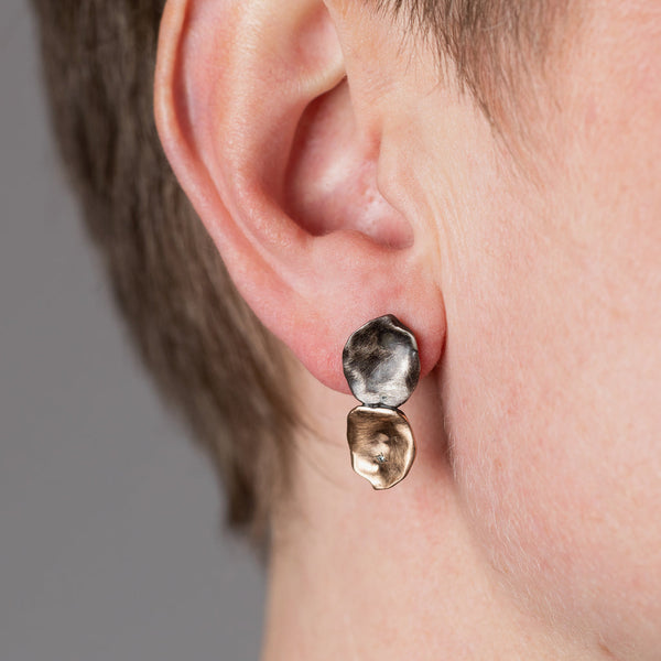 Mary Odorcic —Oxidised Sterling Silver and 9ct Rose Gold Double 'Keshi' Stud Earrings with 1mm Diamonds