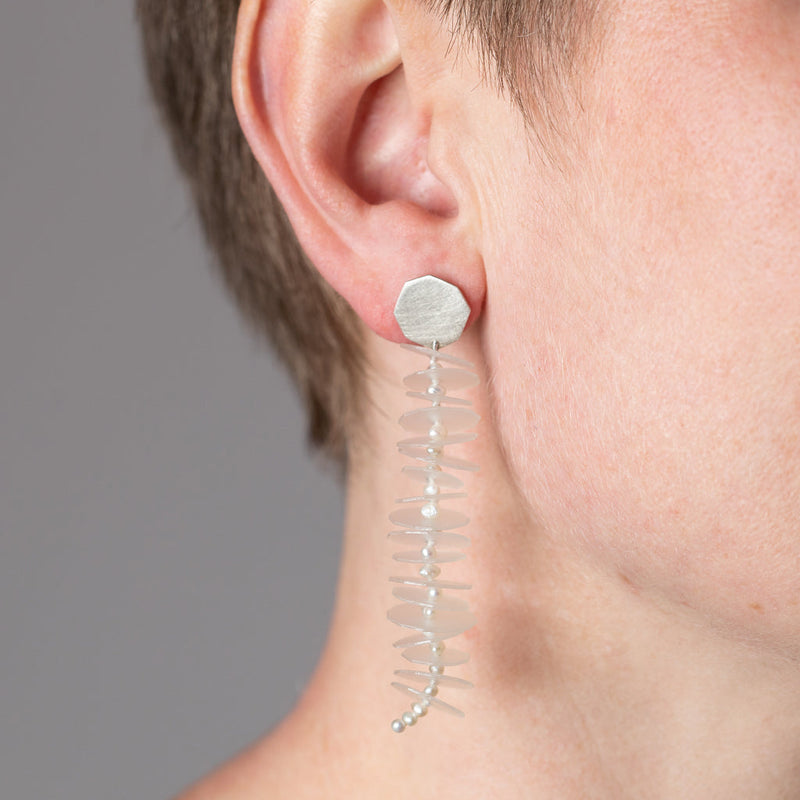 Elfrun Lach — Long White Pearl Drop 'Coral' Earrings with Sterling Silver Studs