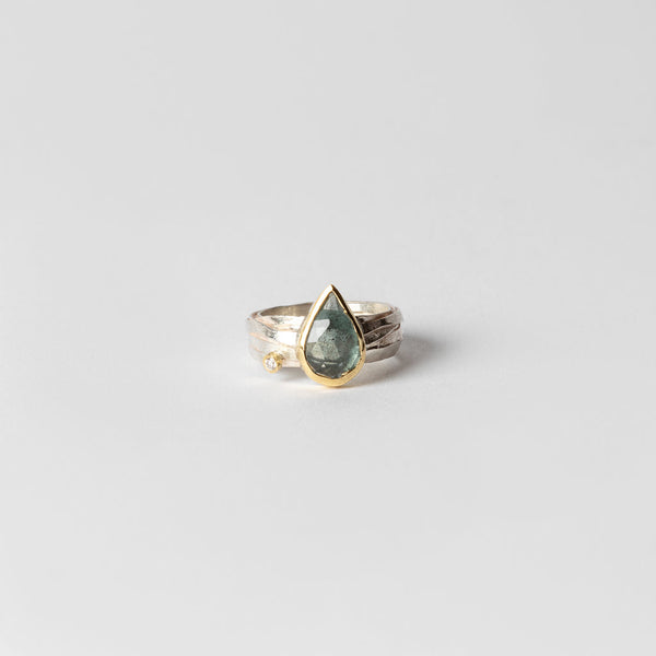 Shimara Carlow – Silver Wrap Ring with Pear Aquamarine and Grey Diamond  , 2022