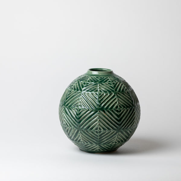Terunobu Hirata — Small Carved Vase in Oribe Green