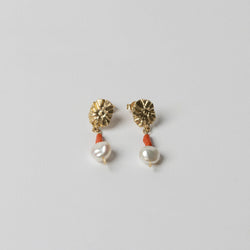 Juan Castro — 'Relicario III' Earrings in 9ct Gold with Pearl and Red Charms