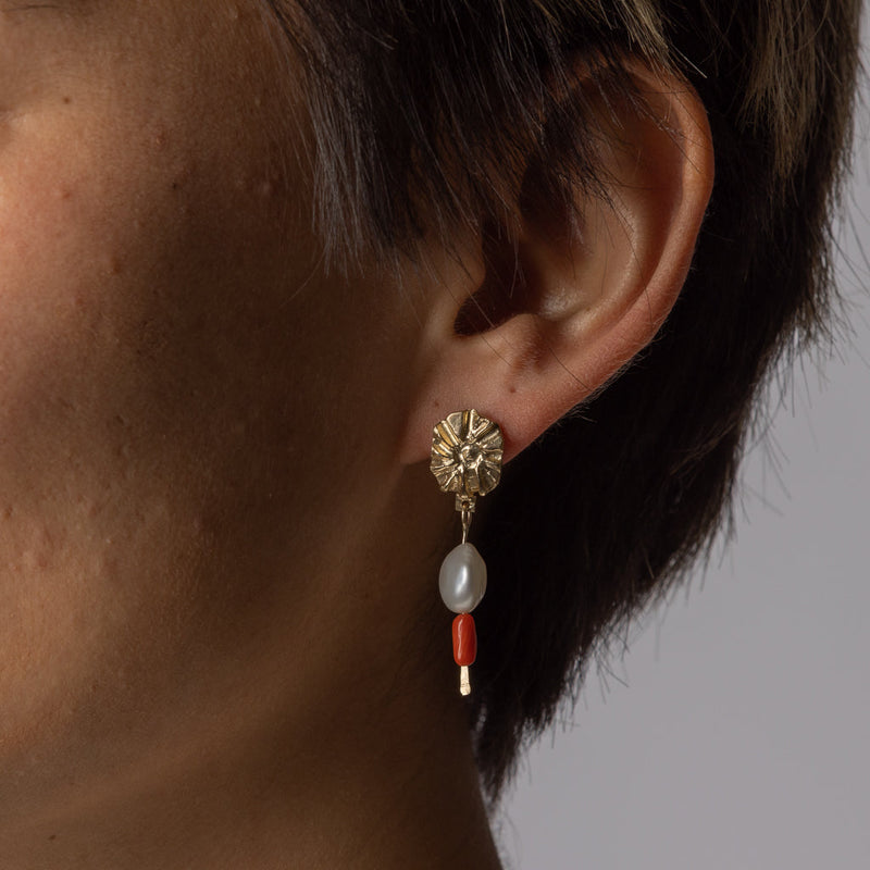 Juan Castro —' 'Relicario II' Earrings in 9ct Gold with Pearl and Red Charms