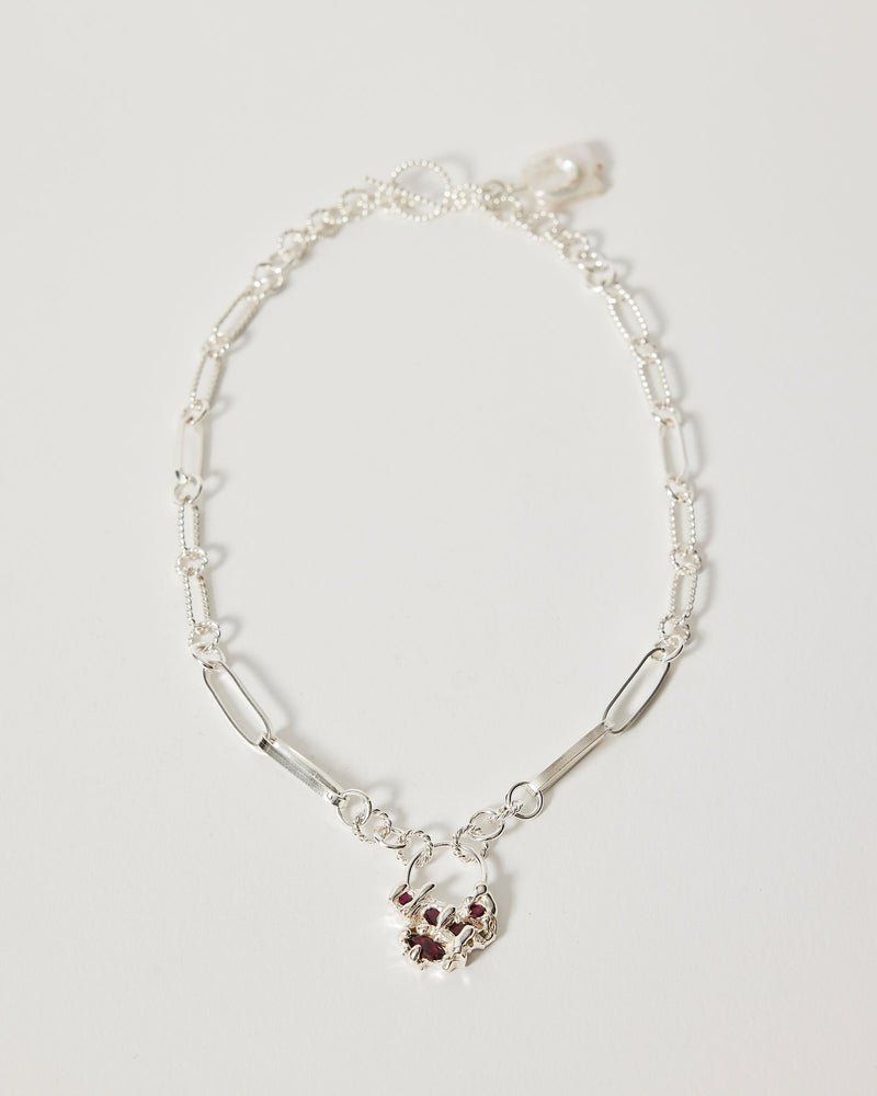 Bobby Corica — 'Etna's Bind' Silver Necklace with Rubies & Pearl