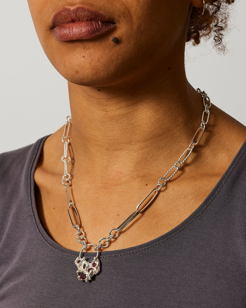 Bobby Corica — 'Etna's Bind' Silver Necklace with Rubies & Pearl