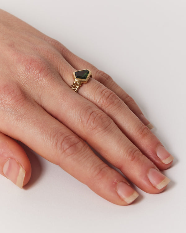 Sophie Quinn — 'Lucy Freeform' Ring with Dark Green Sapphire 9ct Yellow Gold