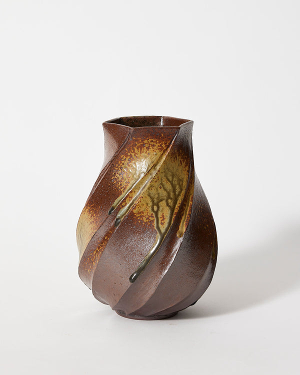 Terunobu Hirata — Twist Faceted Vase in Dark Brown Ash Glaze