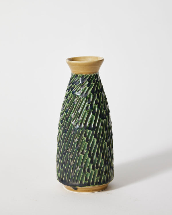 Terunobu Hirata — Narrow Carved Vase in Oribe Green