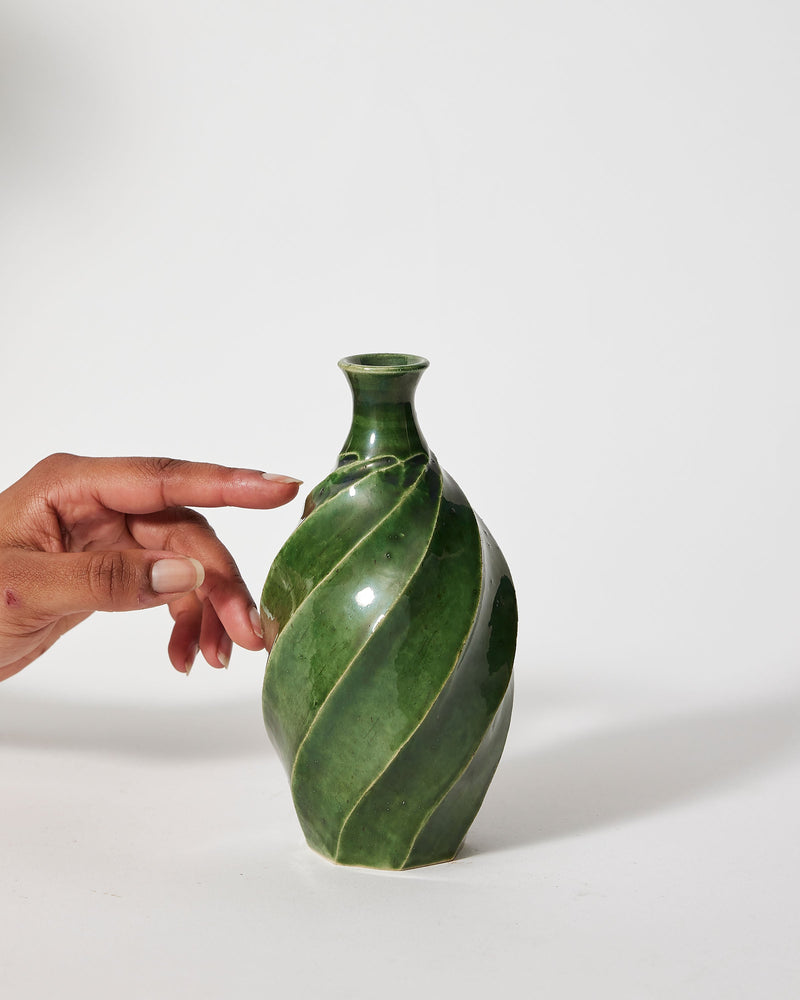 Terunobu Hirata — Twist Faceted Sake Bottle in Oribe Green