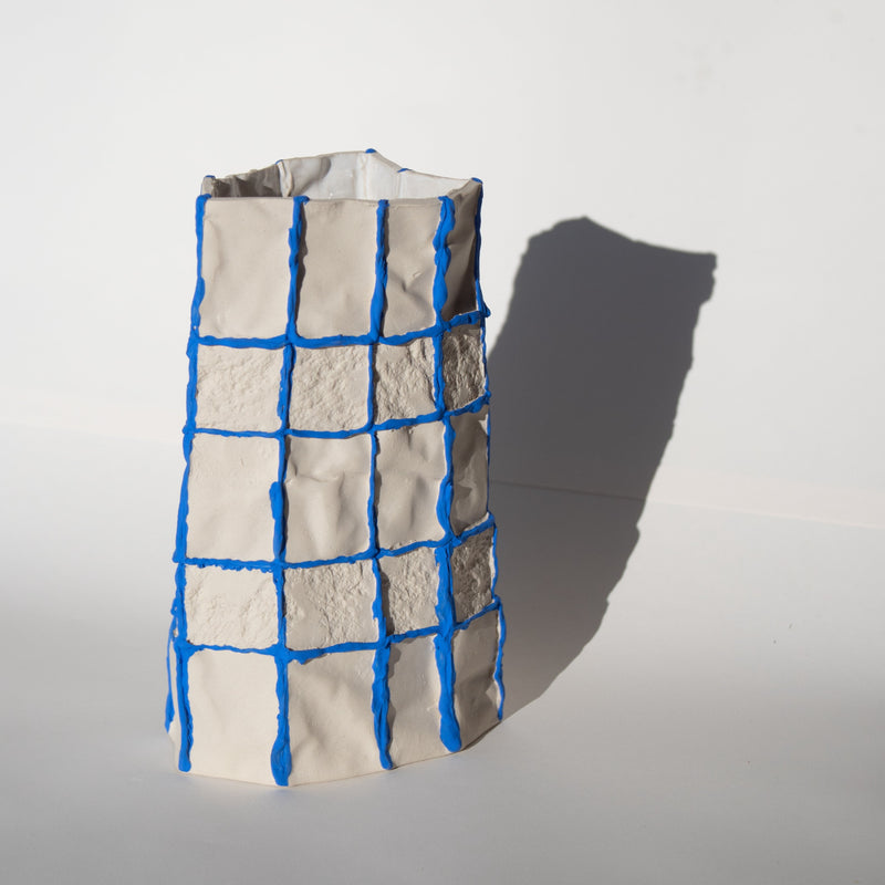 Lucy Tolan — Rock Pressed Tile Vessel in White and Blue