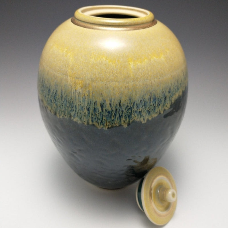 Timothy White — Lidded Vessel with Oatmeal and Navy Glaze and Gold Lustre