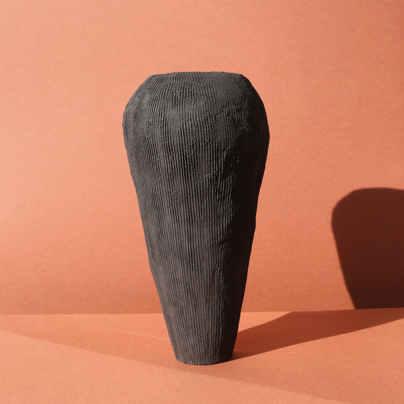 Ella Bendrups — Extra Tall Black Scarva Stoneware 'Solcare' Vase | Sculpture - Australian made Ceramics 