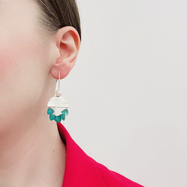 Fiona Watkins — Half Circle Green Onyx with Pearl Earrings Jewellery Caracus by Fiona Watkins | Craft