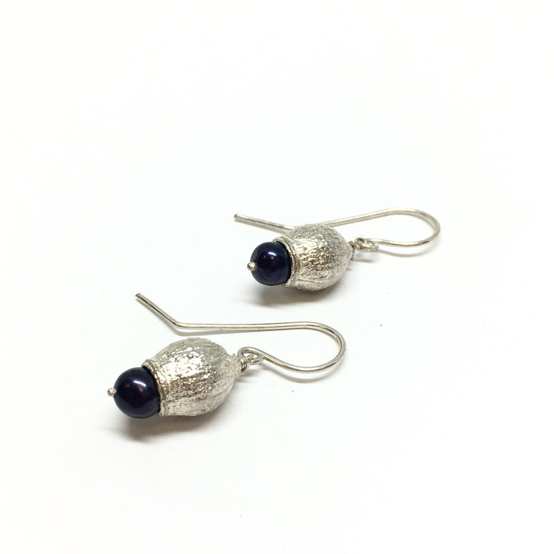 Sunggee Min - Silver Gumnut Black Pearl Earrings - Australian made Jewellery 
