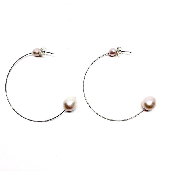 Victoria Mason — Stainless Steel and Pink Pearl Line Hoops - Australian made Jewellery 